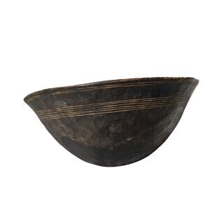 Hand-carved Tuareg Wood Bowl Incised Geometric Design Flat Edges Solid Piece